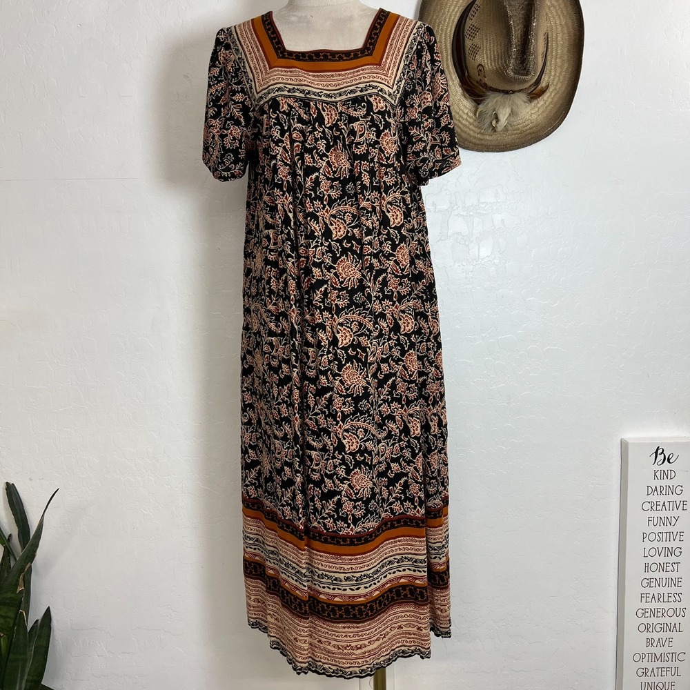 Expression Rayon Maxi Dress M Black Brown Floral Paisley Border Pockets Oversize